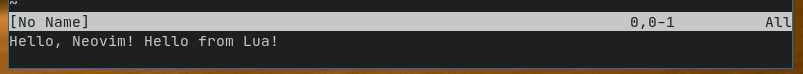 A barra de comandos do Neovim mostrando a mensagem Hello, Neovim! Hello from Lua!