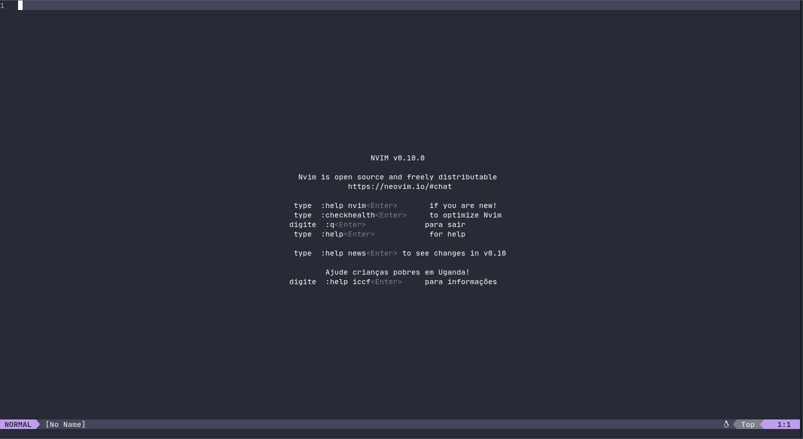 A tela inicial do Neovim sem nenhum arquivo aberto